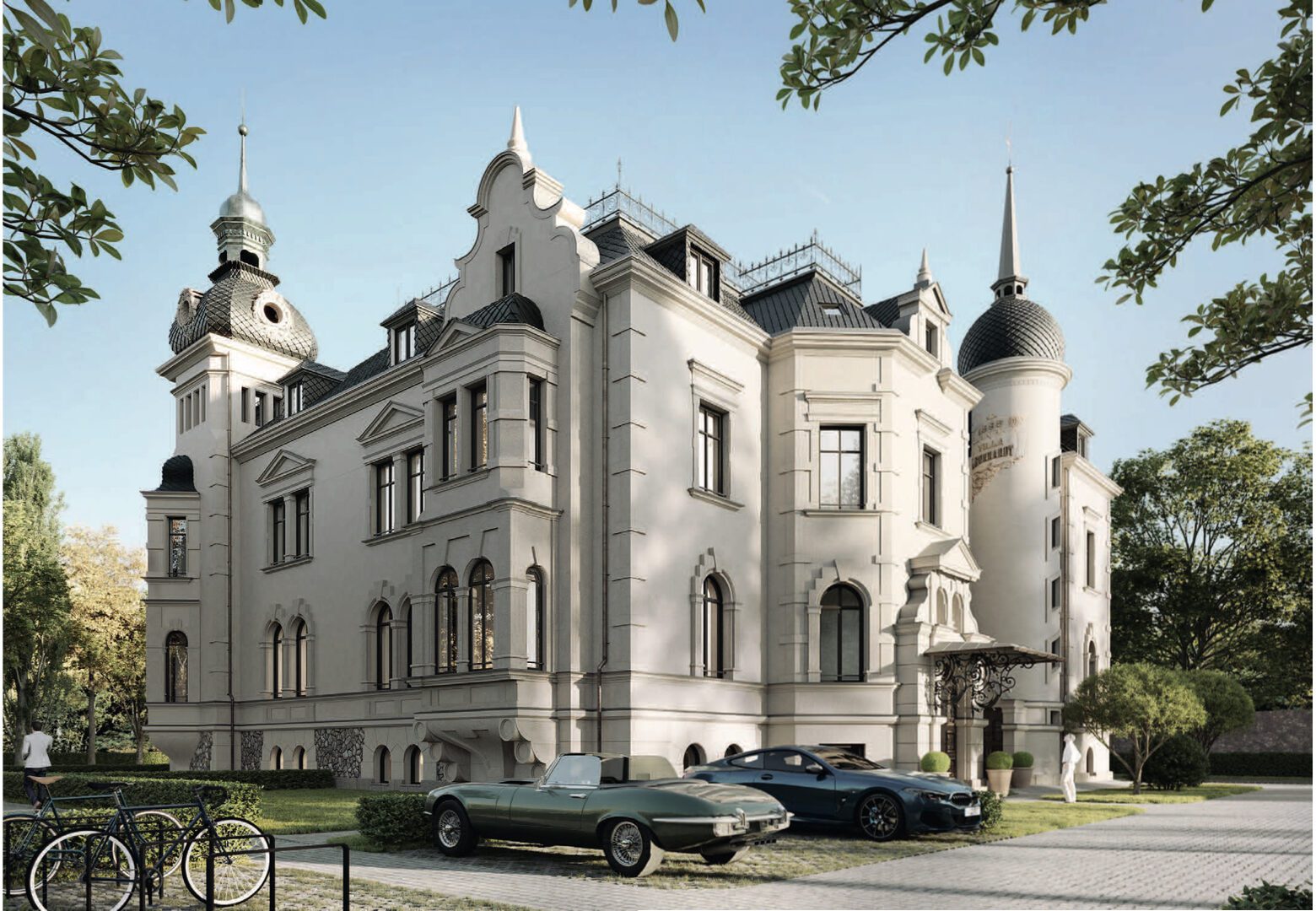 Die Villa Leonhardt an einem sonnigen Tag, mit zwei Luxusautos davor geparkt.