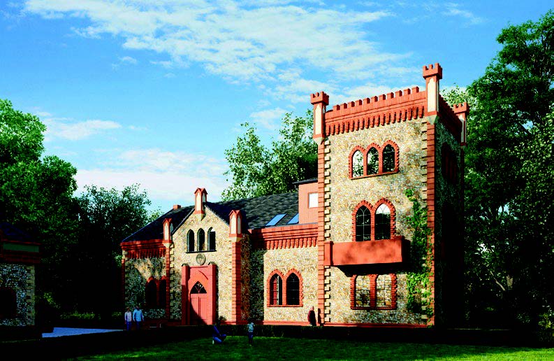 Das Schloss Gröbers an einem sonnigen Sommertag von vorne.